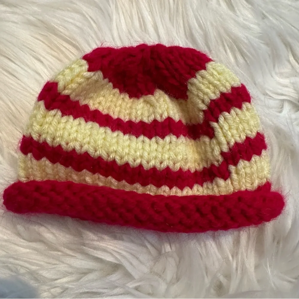 Baby Hand-Knit‎ Striped Beanie Hat Red & Yellow Infant Newborn